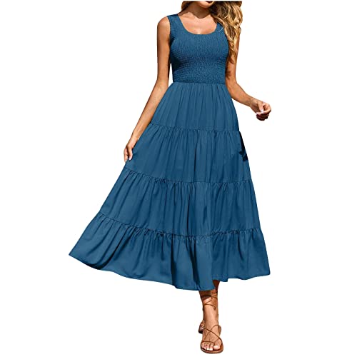 Ansenesna Maxikleider Damen Sommer Gesmoktes Kleid Lange Sommerkleid Damen Ärmellos Luftige Sommerkleider Elegant Italienische Kleider Frauen Einfarbig Elegante Damenkleider Leicht Strandkleid von Ansenesna