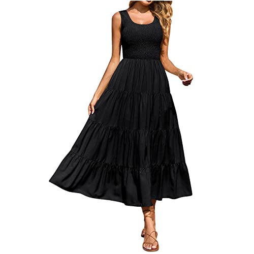 Ansenesna Maxikleider Damen Sommer Gesmoktes Kleid Lange Sommerkleid Damen Ärmellos Luftige Sommerkleider Elegant Italienische Kleider Frauen Einfarbig Elegante Damenkleider Leicht Strandkleid von Ansenesna