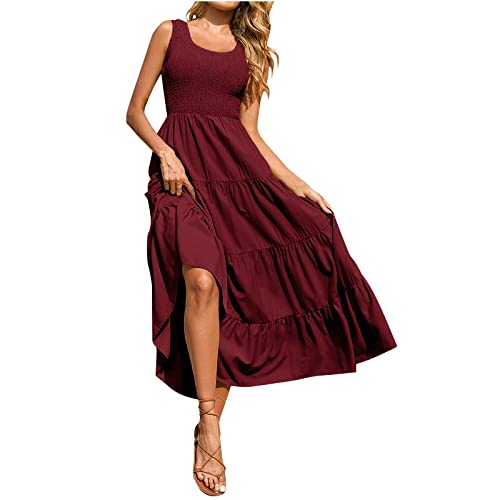 Ansenesna Maxikleider Damen Sommer Gesmoktes Kleid Lange Sommerkleid Damen Ärmellos Luftige Sommerkleider Elegant Italienische Kleider Frauen Einfarbig Elegante Damenkleider Leicht Strandkleid von Ansenesna