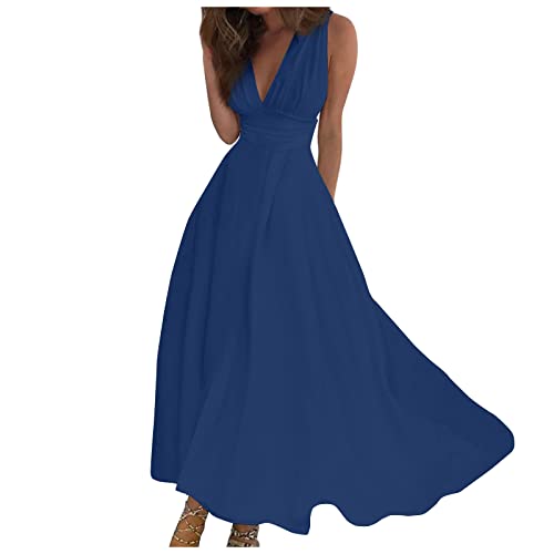 Ansenesna Maxikleider Damen Sommer Kleider Elegant Lang Leichte Sommerkleider Frauen V Ausschnitt Sommerkleid Ärmellos Luftige Kleid Einfarbig Damenkleider von Ansenesna