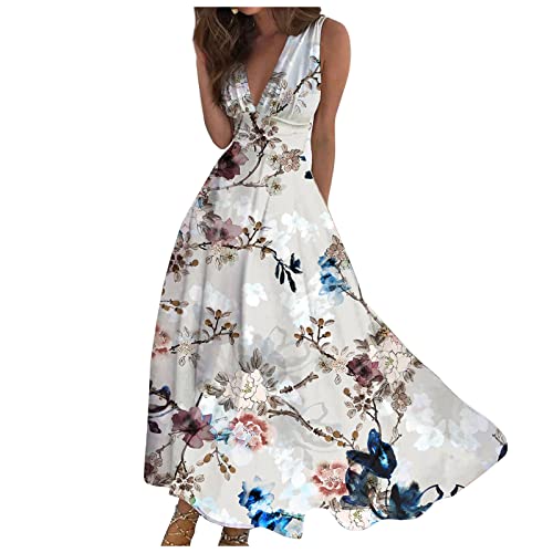 Ansenesna Maxikleider Damen Sommer V Ausschnitt Leichte Sommerkleid Damen Lang Elegant Luftige Sommerkleider Frauen Leicht Ärmellos Kleider Lange Strandkleid Blumenmuster Damenkleider von Ansenesna