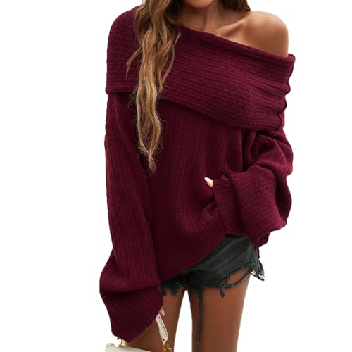 Ansenesna Off Shoulder Pullover Damen Winter Strick Feinstrick Winterpullover Damen Warm Elegant Thermo Pulli Frauen Schulterfrei Dicker Damenpullover Langarm Strickpullover Kuschel Winterpulli von Ansenesna