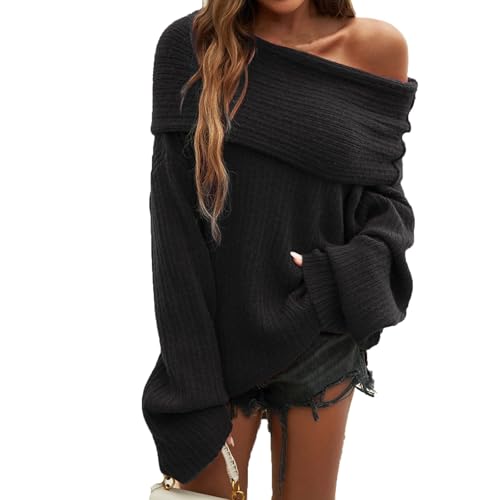 Ansenesna Off Shoulder Pullover Damen Winter Strick Feinstrick Winterpullover Damen Warm Elegant Thermo Pulli Frauen Schulterfrei Dicker Damenpullover Langarm Strickpullover Kuschel Winterpulli von Ansenesna