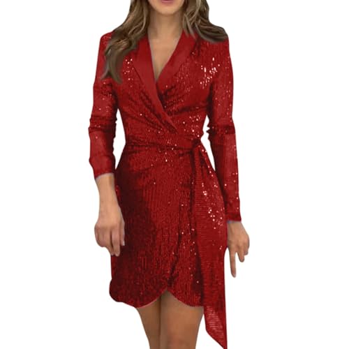 Ansenesna Pailettenkleider Damen Kurz V Ausschnitt Glitzerkleid Pailetten Glitzer Abendkleid Elegant Frauen Langarm Kleider mit Gürtel Silvester Kleid Wickeloptik Partykleid von Ansenesna