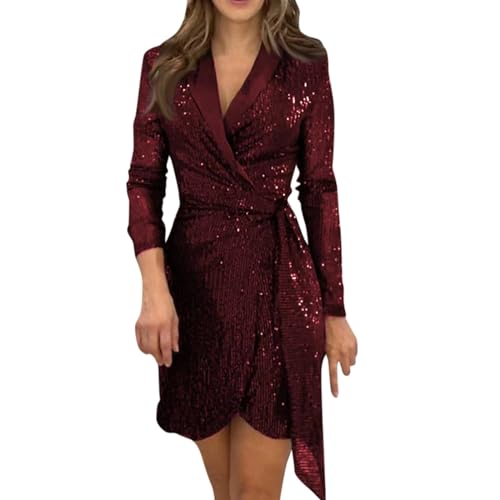 Ansenesna Pailettenkleider Damen Kurz V Ausschnitt Glitzerkleid Pailetten Glitzer Abendkleid Elegant Frauen Langarm Kleider mit Gürtel Silvester Kleid Wickeloptik Partykleid von Ansenesna