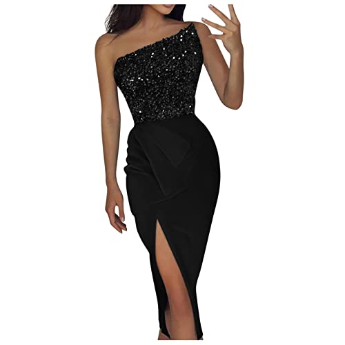 Ansenesna Paillettenkleid Damen Off Shoulder Pailletten Glitzer Elegant Kleid Mit Schlitz Frauen Knielang Abendkleid Schulterfrei Glitzerkleid Für Hochzeit Festlich von Ansenesna