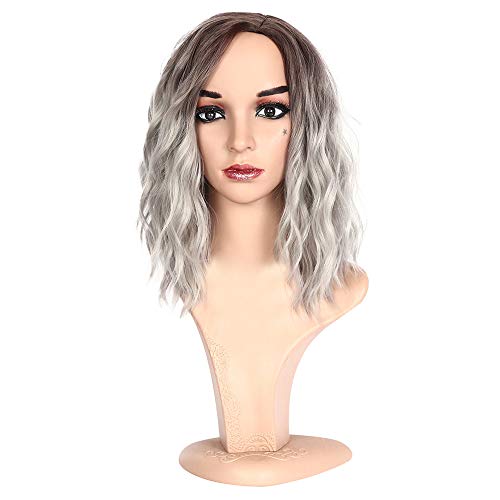 Ansenesna Perücke Grau Mittellang Locken Damen Ombre Wig Blau für Fasching Karneval Party (Grau) von Ansenesna