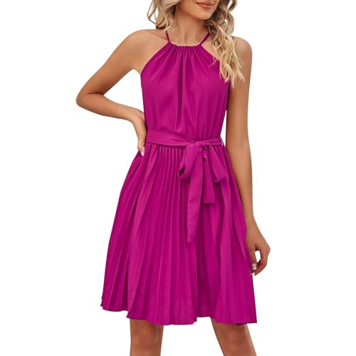 Ansenesna Plisseekleid Damen Sommer Kurz Plissee Kleid Damen Ärmellos Sommerkleid Elegant Spaghettiträger Sommerkleider Damen Leicht Und Luftig Elegante Kleider mit Gürtel Träger Faltenkleid von Ansenesna