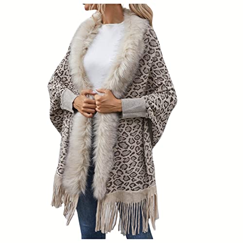 Ansenesna Poncho Damen Winter Mit Fell Warmer Lang Strick Ponchos & Capes Für Damen Oversize Strickponcho Fellkragen Quasten Strickjacke Mit ärmel Cardigan Mit Schalkragen von Ansenesna