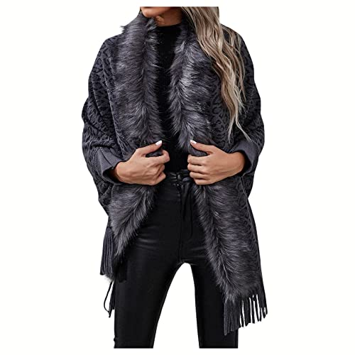 Ansenesna Poncho Damen Winter Mit Fell Warmer Lang Strick Ponchos & Capes Für Damen Oversize Strickponcho Fellkragen Quasten Strickjacke Mit ärmel Cardigan Mit Schalkragen von Ansenesna