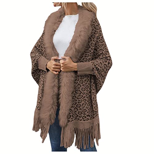Ansenesna Poncho Damen Winter Mit Fell Warmer Lang Strick Ponchos & Capes Für Damen Oversize Strickponcho Fellkragen Quasten Strickjacke Mit ärmel Cardigan Mit Schalkragen von Ansenesna