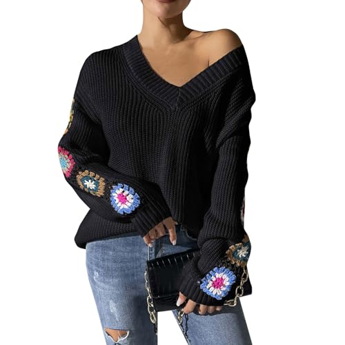 Ansenesna Pullover Damen Winter V Ausschnitt Winterpullover Damen Warm Grobstrick Pulli Frauen Elegant Thermo Dicker Strickpullover Langarm Häkel Damenpullover Kuschel Warmer Winterpulli von Ansenesna