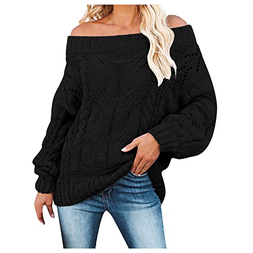Ansenesna Pullover Damen Zopfmuster Warm Winter Strick Pulli Mit Löchern Frauen Langarm Einfarbig Oversize Pullover Elegant Off Shoulder Pullunder Kuschelig Strickpulli Grobstrick Winterpullover von Ansenesna