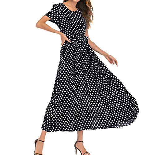 Ansenesna Punkte Sommerkleid Damen Mit Ärmel und Gürtel Lang Vintage Elegant Kleid Frauen Schick Flatterndem Maxi Strandkleider (Schwarz, M) von Ansenesna