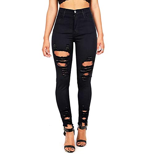 Ansenesna Ripped Jeans Damen Skinny Löcher Elegant Röhrenjeans Frauen Risse Ripped Lang Eng Denim Hose Destroyed Jeggings (V Schwarz, L) von Ansenesna