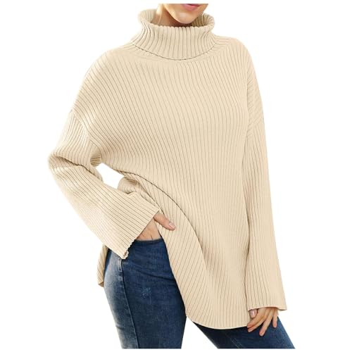 Ansenesna Rollkragenpullover Damen Lang Winter Strick Pullover Damen Rollkragen Warm Elegant Winterpullover Frauen Feinstrick Thermo Pulli Mit Schlitz Dicker Damenpullover Langarm Winterpulli von Ansenesna