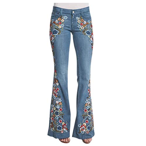 Ansenesna Schlaghose Damen Jeans Blumen Stickerei Elegant Hose Frauen Flared Slim Fit Vintage Denim Lang Hosen (Himmelblau,XXL) von Ansenesna