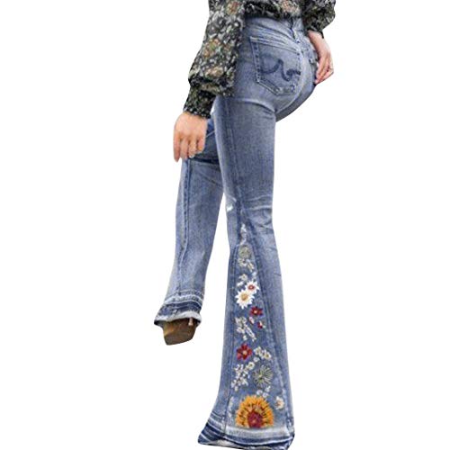 Ansenesna Schlaghose Damen Jeans Blumen Stickerei Vintage Elegant Hose Frauen Flared Lang Slim Fit Jeggings Hoher Bund Denim Freizeithose (Himmelblau,XXXXL) von Ansenesna