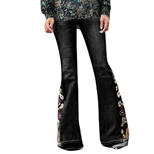 Ansenesna Schlaghose Damen Jeans Blumen Stickerei Vintage Elegant Hose Frauen Flared Lang Slim Fit Jeggings Hoher Bund Denim Freizeithose (Schwarz, XXL) von Ansenesna