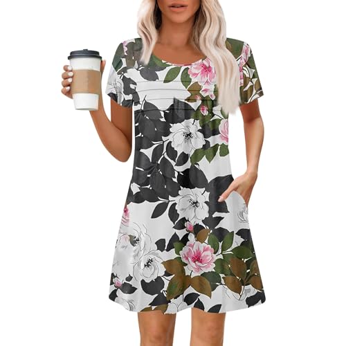Ansenesna Shirtkleid Damen Sommer Elegant Tshirt Kleid Kurz A Linie Sommerkleider Damen Leicht Und Luftig Sommerkleid Frauen mit Taschen Kleider Kurzarm Blumen Tshirtkleid Muster Damenkleider von Ansenesna