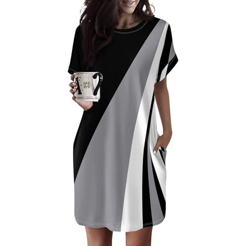 Ansenesna Shirtkleid Damen Sommer Kurz Blusenkleid Elegant A Linie Tshirt Kleid Frauen mit Taschen Sommerkleider Leicht Und Luftig Tshirtkleid Kurzarm Muster Strandkleid Locker Damenkleider von Ansenesna