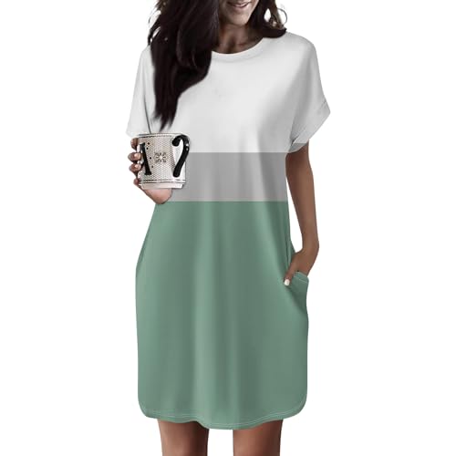 Ansenesna Shirtkleid Damen Sommer Kurz Blusenkleid Elegant A Linie Tshirt Kleid Frauen mit Taschen Sommerkleider Leicht Und Luftig Tshirtkleid Kurzarm Muster Strandkleid Locker Damenkleider von Ansenesna