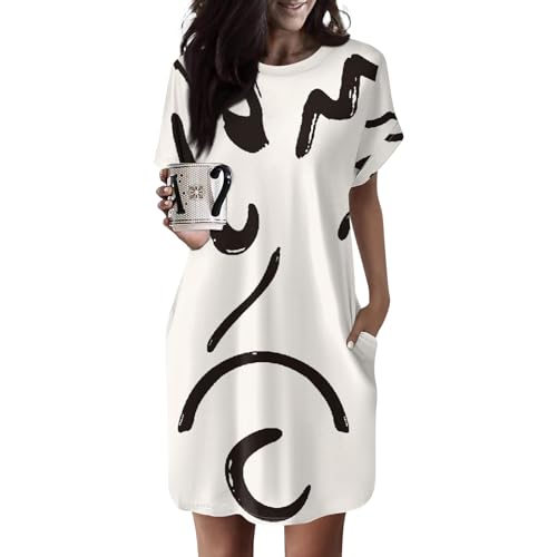 Ansenesna Shirtkleid Damen Sommer Kurz Blusenkleid Elegant A Linie Tshirt Kleid Frauen mit Taschen Sommerkleider Leicht Und Luftig Tshirtkleid Kurzarm Muster Strandkleid Locker Damenkleider von Ansenesna