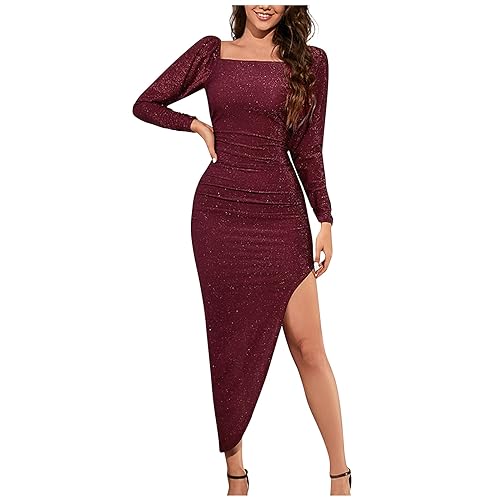 Ansenesna Silvester Kleid Damen Lang Curvy Abendkleid Damen mit Schlitz Partykleid Frauen Quadratischer Ausschnitt Festliche Kleider Langarm Party Glitzerkleid von Ansenesna