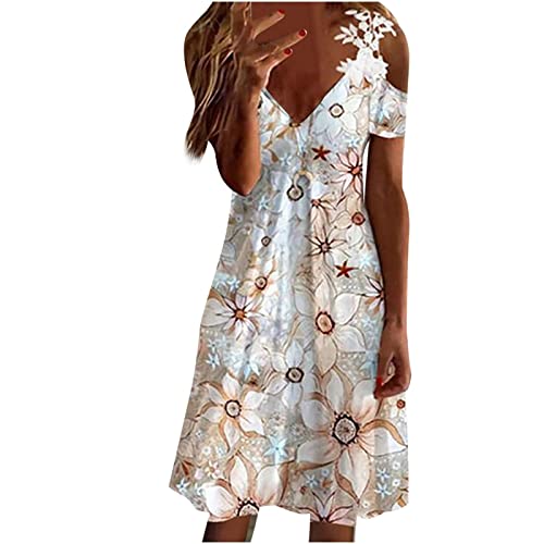 Ansenesna Sommerkleid Blumen Damen Kleid A Linie Knielang Elegant Kleider Frauen Sommer V Ausschnitt Sommerkleider Spitze Leicht Kurzarm Strandkleid Off Shoulder von Ansenesna