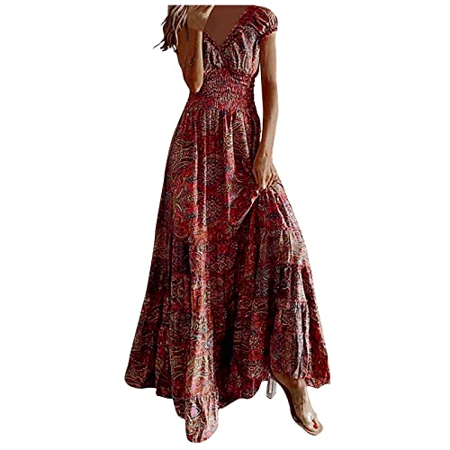 Ansenesna Sommerkleid Boho Damen Lang Kleid Hippie Ibiza Style Sommer Kleider Maxi Frauen Elegant V Ausschnitt Vintage Sommerkleider Viskose Kurzarm Strandkleid Leicht von Ansenesna