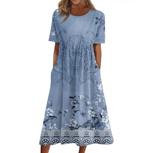 Ansenesna Sommerkleid Damen Blumen Midi Elegant Italienische Kleider Damen Sommer Vintage Luftige Sommerkleider mit Taschen Frauen Leicht Kurzarm Leichte Kleid Schößchen Locker Midikleider von Ansenesna