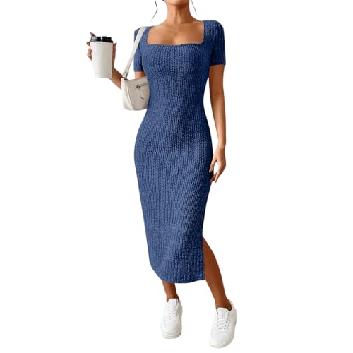 Ansenesna Sommerkleid Damen Elegant Midi Eng Kleider Damen Sommer mit Schlitz Sommerkleider Leicht Und Luftig Midikleid Frauen Quadratischer Ausschnitt Curvy Kleid Stretch Bleistiftkleid von Ansenesna