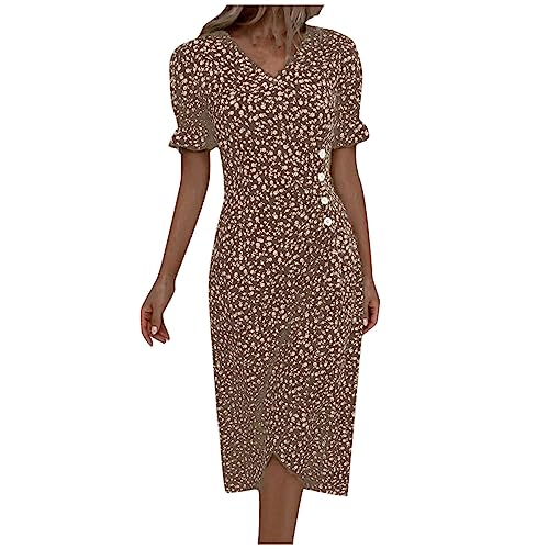Ansenesna Sommerkleid Damen Geblümt V Ausschnitt Leichte Sommerkleider Damen Wadenlang Elegant Kleider Frauen Knöpfen Kleid Puffärmel Luftige Damenkleider Asymmetrisch Strandkleid von Ansenesna