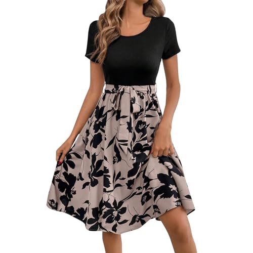 Ansenesna Sommerkleid Damen Knielang A Linie Kleider Damen Sommer Elegant Skaterkleid mit Gürtel Sommerkleider Damen Leicht und Luftig Damenkleider Frauen Kurzarm Schwingen Kleid Blumenkleid von Ansenesna