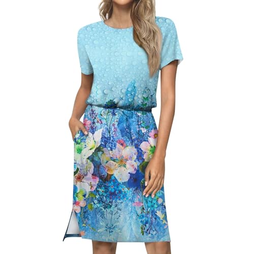 Ansenesna Sommerkleid Damen Knielang Blumen Kleid Damen Sommer Elegant mit Drawstring Waist Elegante Kleider mit Taschen Damenkleider Frauen Luftige Sommerkleider Damen Leicht Und Luftig von Ansenesna