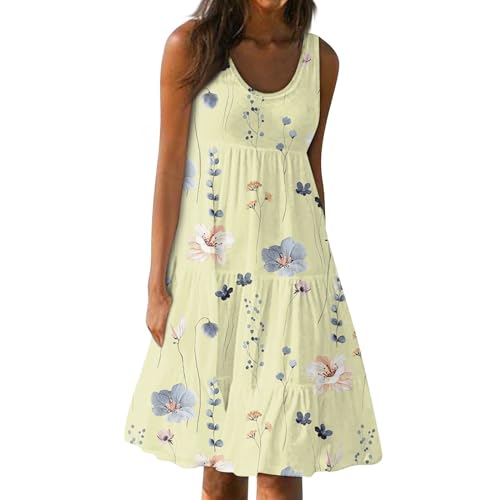 Ansenesna Sommerkleid Damen Knielang Elegant Kleider Damen Sommer A Linie Strandkleid Frauen Ärmellos Luftige Sommerkleider Leicht und Luftig Damenkleider Rüschen Tailliert Strand Kleid von Ansenesna
