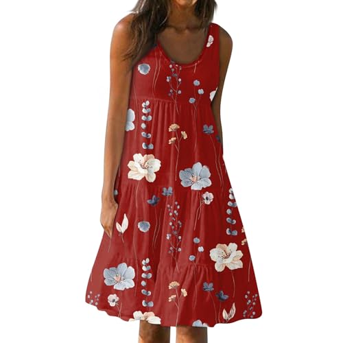 Ansenesna Sommerkleid Damen Knielang Elegant Kleider Damen Sommer A Linie Strandkleid Frauen Ärmellos Luftige Sommerkleider Leicht und Luftig Damenkleider Rüschen Tailliert Strand Kleid von Ansenesna