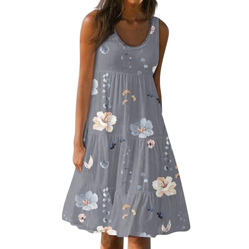 Ansenesna Sommerkleid Damen Knielang Elegant Kleider Damen Sommer A Linie Strandkleid Frauen Ärmellos Luftige Sommerkleider Leicht und Luftig Damenkleider Rüschen Tailliert Strand Kleid von Ansenesna