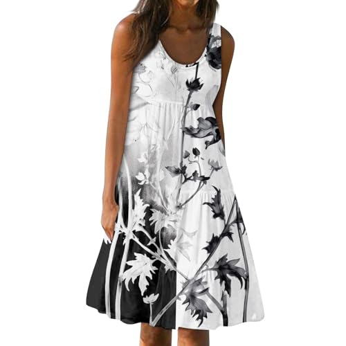 Ansenesna Sommerkleid Damen Knielang Elegant Kleider Damen Sommer Blumen Strandkleid Frauen Ärmellos A Linie Luftige Sommerkleider Leicht und Luftig Strand Kleid Rüschen Tailliert Damenkleider von Ansenesna