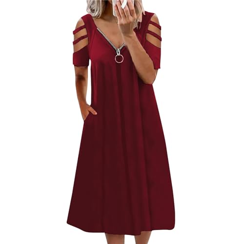 Ansenesna Sommerkleid Damen Knielang Elegant Kleider Damen Sommer Cold Shoulder Sommerkleider Damen Leicht Und Luftig Kleid Frauen V Ausschnitt Reißverschluss Damenkleider Schwingen Kleid von Ansenesna
