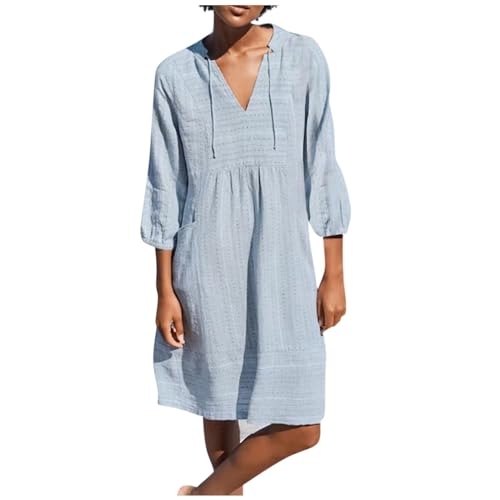 Ansenesna Sommerkleid Damen Knielang Elegant Kleider Damen Sommer Dreiviertelarm Sommerkleider Damen Leicht Und Luftig Tunika Kleid Frauen V Ausschnitt High Waist Damenkleider mit Taschen von Ansenesna