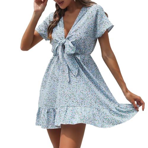 Ansenesna Sommerkleid Damen Kurz Elegant Kleider Damen Sommer Geblümt Sommerkleider Damen Leicht Und Luftig Mini Kleid Frauen Volant V Ausschnitt Damenkleider A Linie Schwingen Volantkleider von Ansenesna