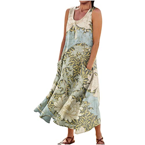 Ansenesna Sommerkleid Damen Lang Blumen Leichte Sommerkleider Taschen Damen Ärmellos Maxi Kleider Sommer Leicht Elegant Strandkleid Frauen A Linie Luftige Kleid Weite Blumenmuster Maxikleider von Ansenesna