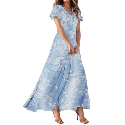 Ansenesna Sommerkleid Damen Lang Elegant Chiffon Kleider Damen Sommer Blumen Sommerkleider Damen Leicht und Luftig Damenkleider Frauen V Ausschnitt Maxikleid Flatterärmel Schwingen Chiffonkleid von Ansenesna