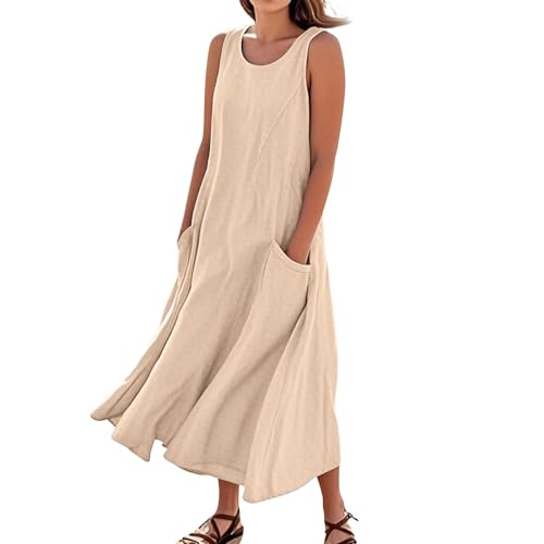 Ansenesna Sommerkleid Damen Lang Elegant Kleider Damen Sommer Ärmellos Sommerkleider Leicht Und Luftig Musselin Kleid Frauen Einfarbig Locker Strandkleid mit Taschen Maxikleider von Ansenesna
