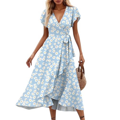 Ansenesna Sommerkleid Damen Lang Elegant Rüschen Wickelkleid Damen Sommer Blumen Sommerkleider Leicht Und Luftig Curvy Strandkleid Frauen V Ausschnitt Tailliert Kleider Geblümt Blumenkleid von Ansenesna