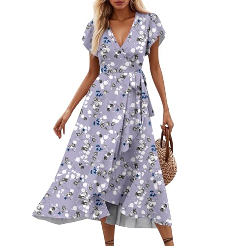 Ansenesna Sommerkleid Damen Lang Elegant Rüschen Wickelkleid Damen Sommer Blumen Sommerkleider Leicht Und Luftig Curvy Strandkleid Frauen V Ausschnitt Tailliert Kleider Geblümt Blumenkleid von Ansenesna