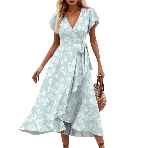 Ansenesna Sommerkleid Damen Lang Elegant Rüschen Wickelkleid Damen Sommer Blumen Sommerkleider Leicht Und Luftig Curvy Strandkleid Frauen V Ausschnitt Tailliert Kleider Geblümt Blumenkleid von Ansenesna