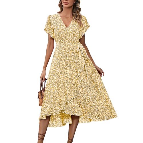 Ansenesna Sommerkleid Damen Lang Elegant Rüschen Wickelkleid Damen Sommer Blumen Sommerkleider Leicht Und Luftig Curvy Strandkleid Frauen V Ausschnitt Tailliert Kleider Geblümt Blumenkleid von Ansenesna