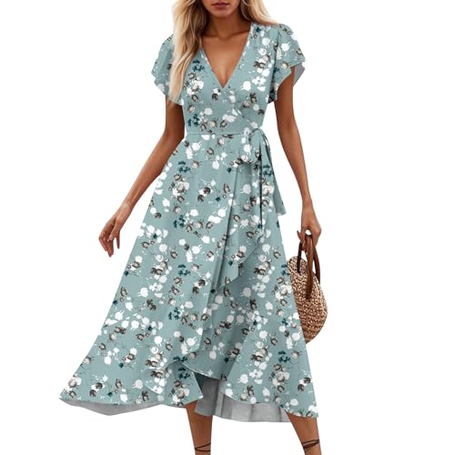 Ansenesna Sommerkleid Damen Lang Elegant Rüschen Wickelkleid Damen Sommer Blumen Sommerkleider Leicht Und Luftig Curvy Strandkleid Frauen V Ausschnitt Tailliert Kleider Geblümt Blumenkleid von Ansenesna
